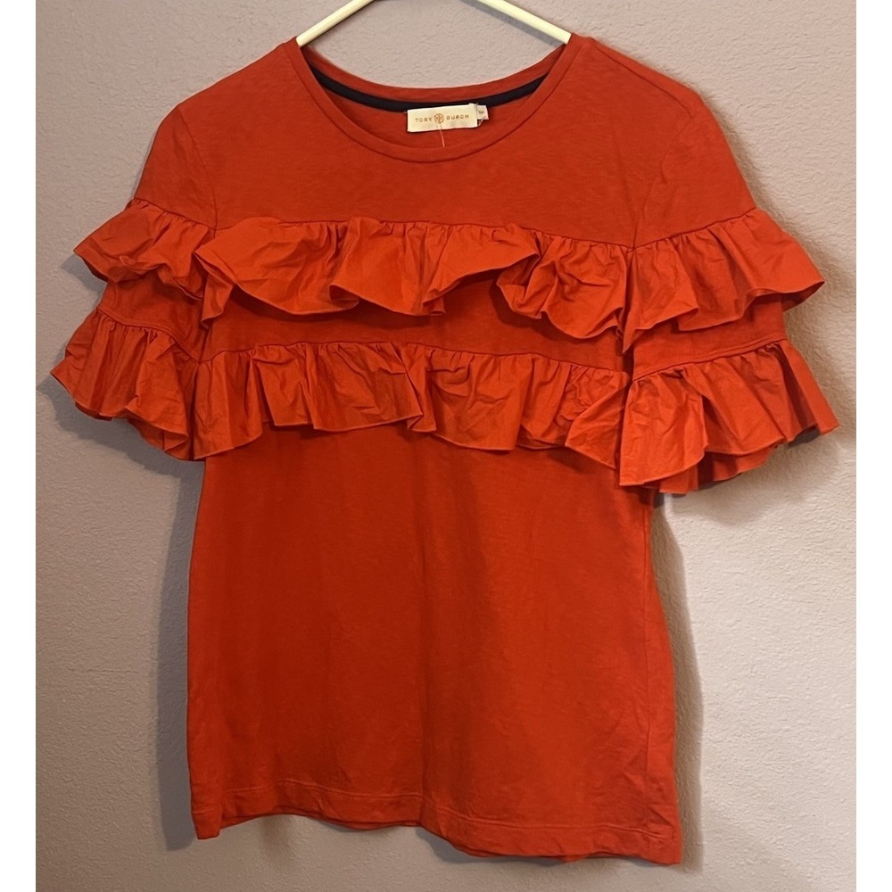 Tory Burch Red Orangeβ Lenox Short Sleeve Ruffle Top Shirt Size Small